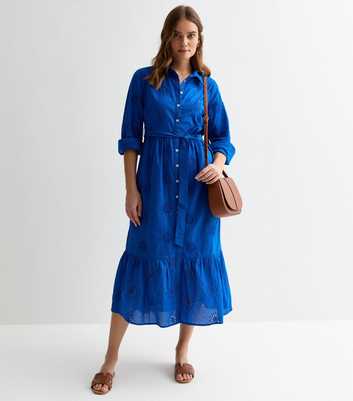 Blue Cotton Flower Broderie Belted Midi Shirt Dress