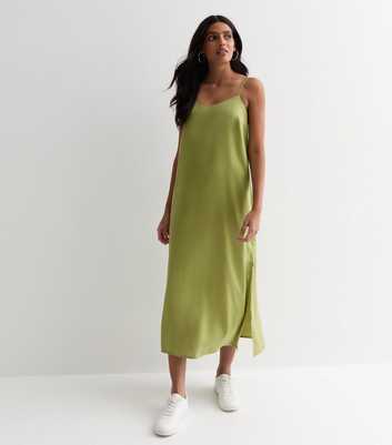 Green Satin Split Hem Midi Slip Dress