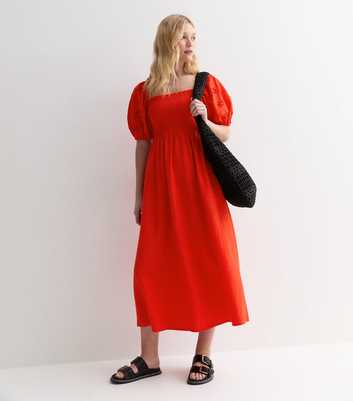 Red Square Neck Broderie Puff Sleeve Midi Dress