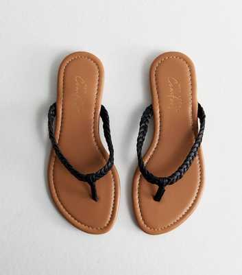 Black Leather-Look Plaited Toe Post Sandals