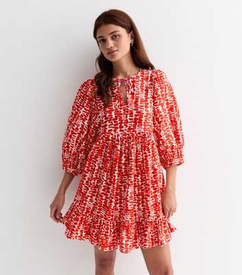Red Abstract Print Tiered Mini Smock Dress