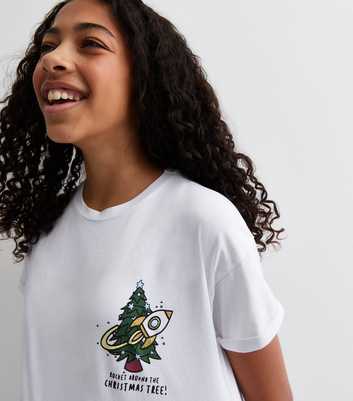 Girls White Cotton Rocket Christmas Tree Logo T-Shirt