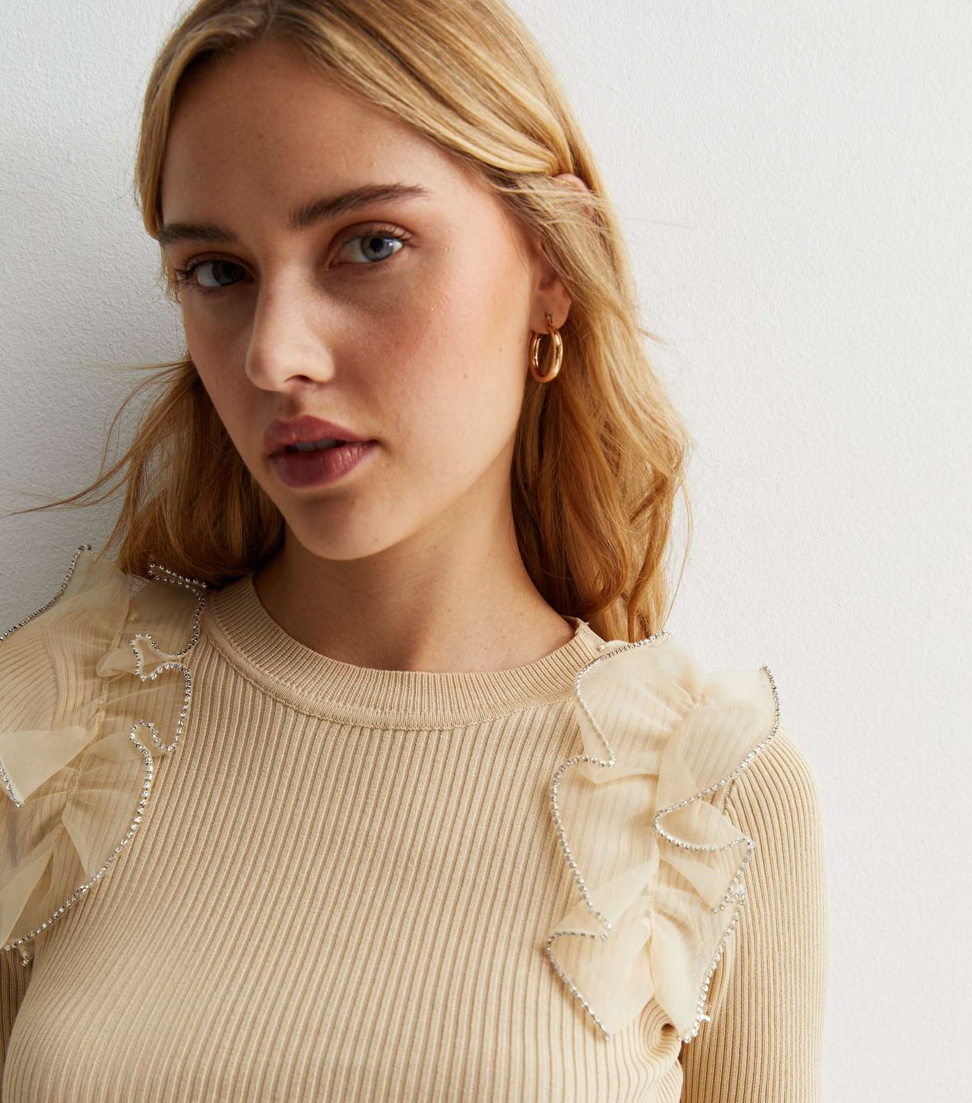 Cameo Rose Stone Ribbed Knit Frill Top Image 2