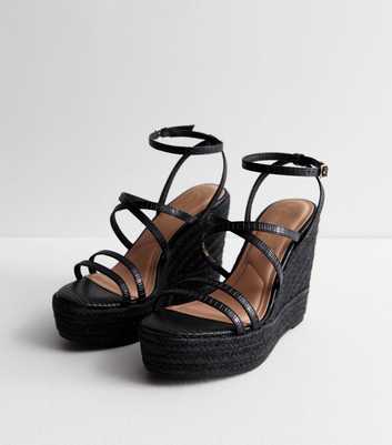 Black Strappy Platform Espadrille Wedge Sandals