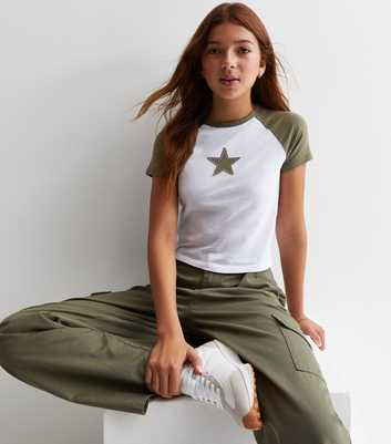 Girls Olive Star Logo Raglan T-Shirt
