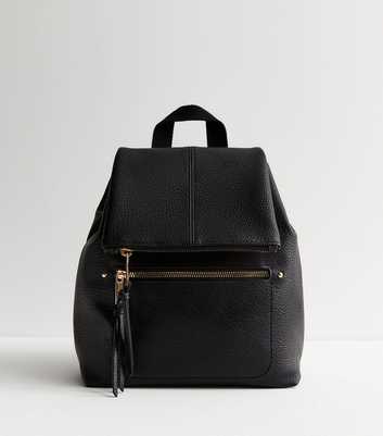 Black Leather-Look Flap Backpack