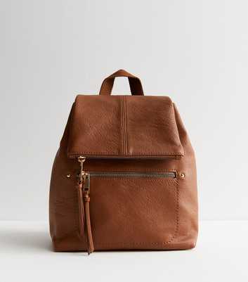 Tan Leather-Look Flap Backpack