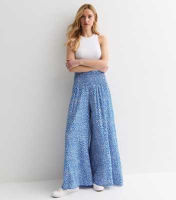 Blue Square Print Shirred Wide Leg Trousers