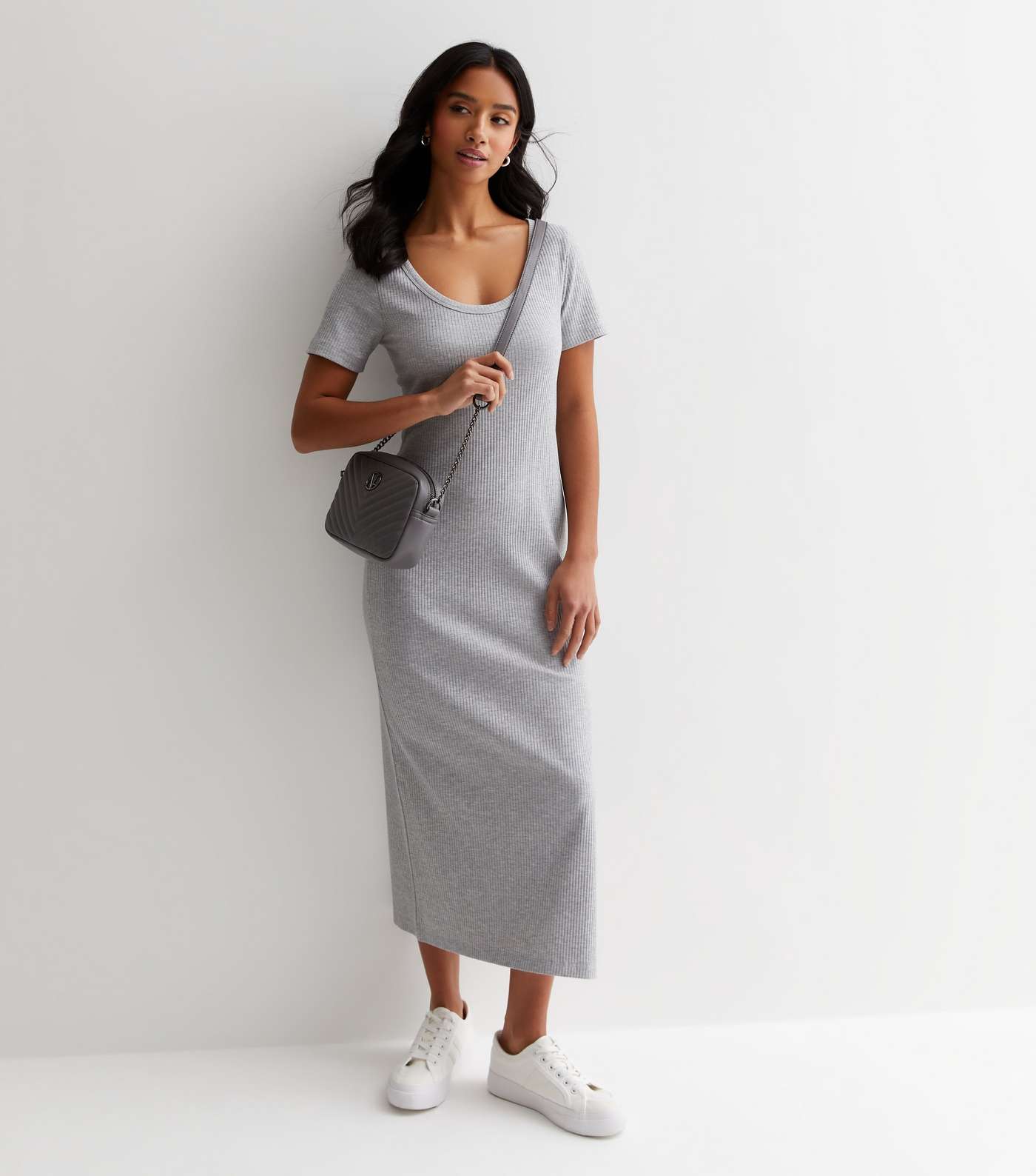 Petite Grey Ribbed Scoop Neck Midi Dress Image 2