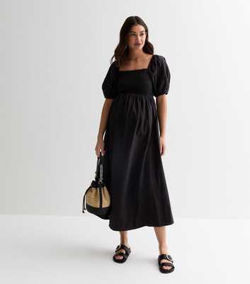 Maternity Black Broderie Sleeve Shirred Midi Dress
