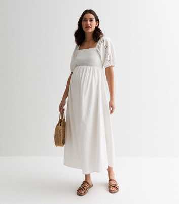 Maternity White Broderie Sleeve Shirred Midi Dress