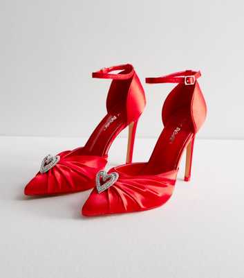 Public Desire Red Satin Heart Charm Stiletto Heel Court Shoes