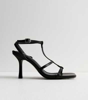 Public Desire Black Leather-Look Stiletto Heel Sandals