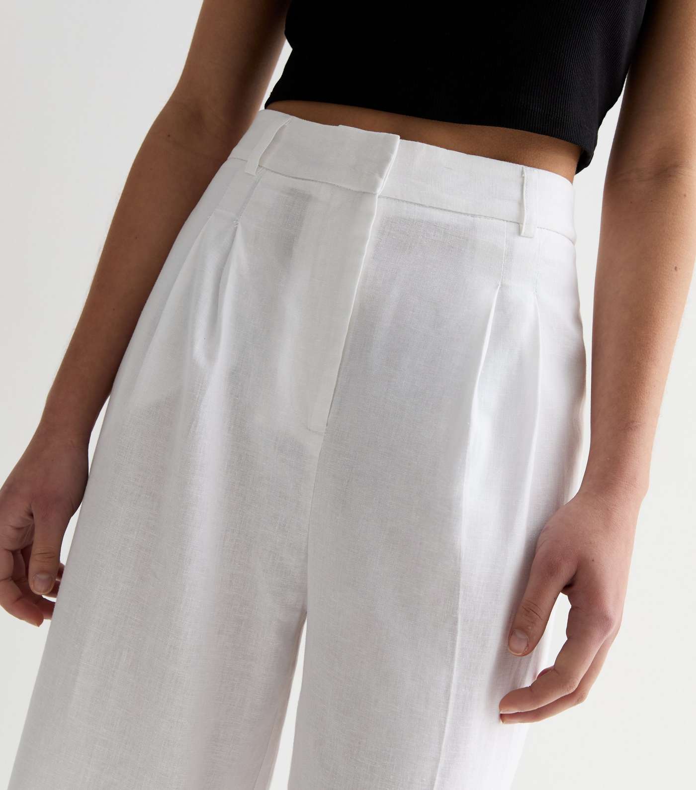 White Linen-Blend Wide Leg Tailored Trousers Image 3