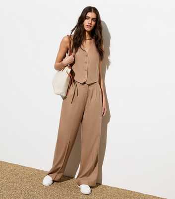 Light Brown Linen-Blend Wide Leg Tailored Trousers