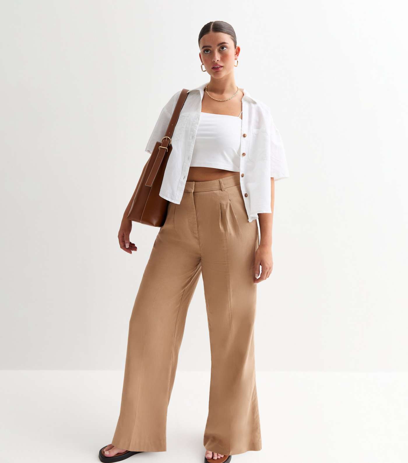 Light Brown Linen-Blend Wide Leg Tailored Trousers Image 2