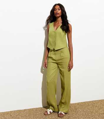 Green Linen-Blend Wide Leg Tailored Trousers