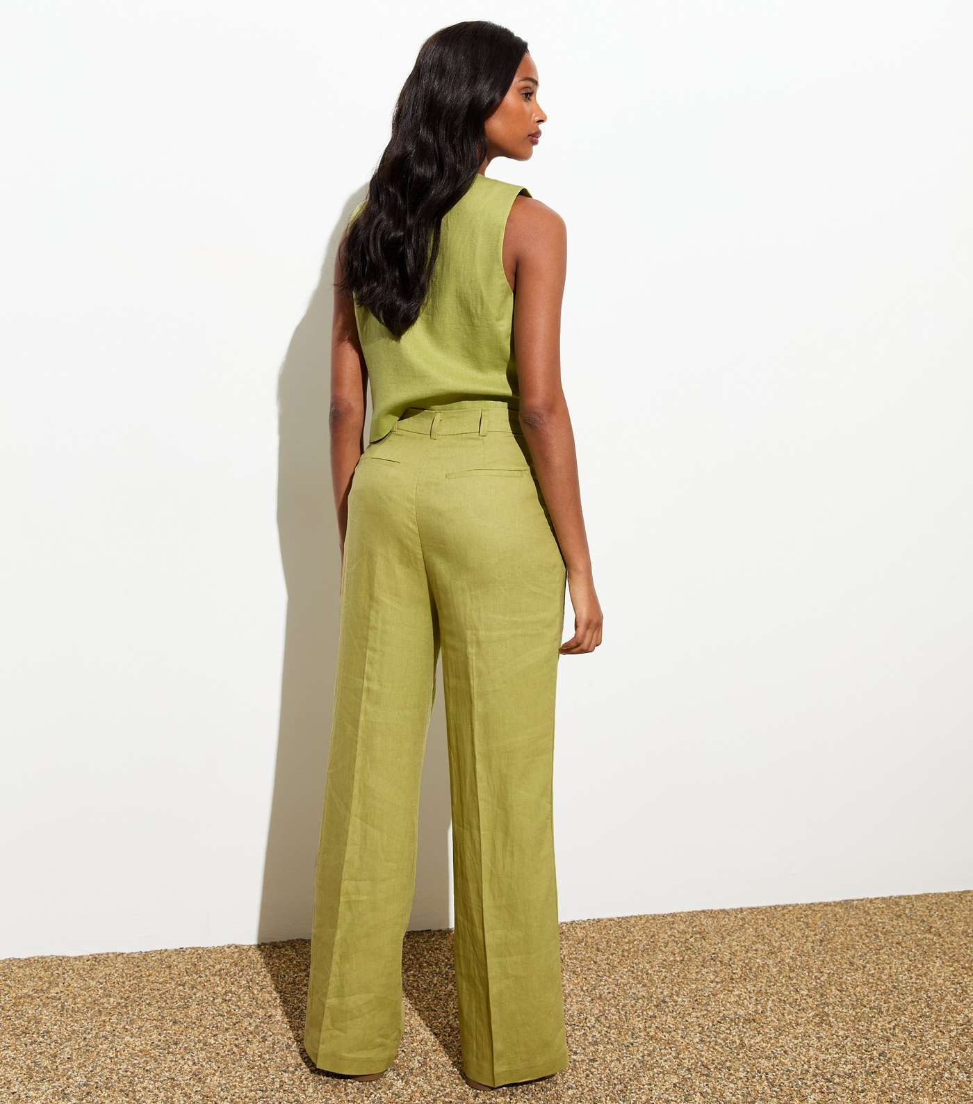 Green Linen-Blend Wide Leg Tailored Trousers Image 4