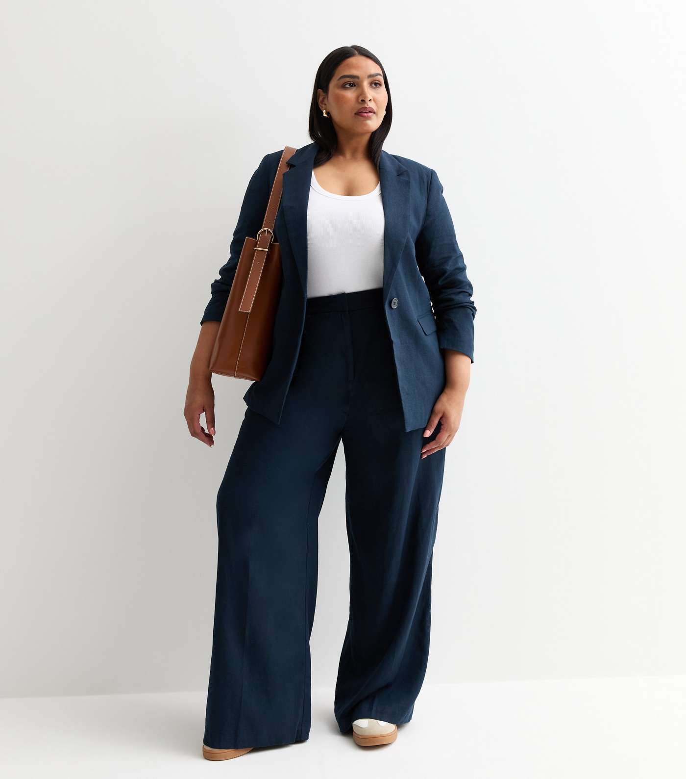 Navy Linen-Blend Wide Leg Tailored Trousers Image 3