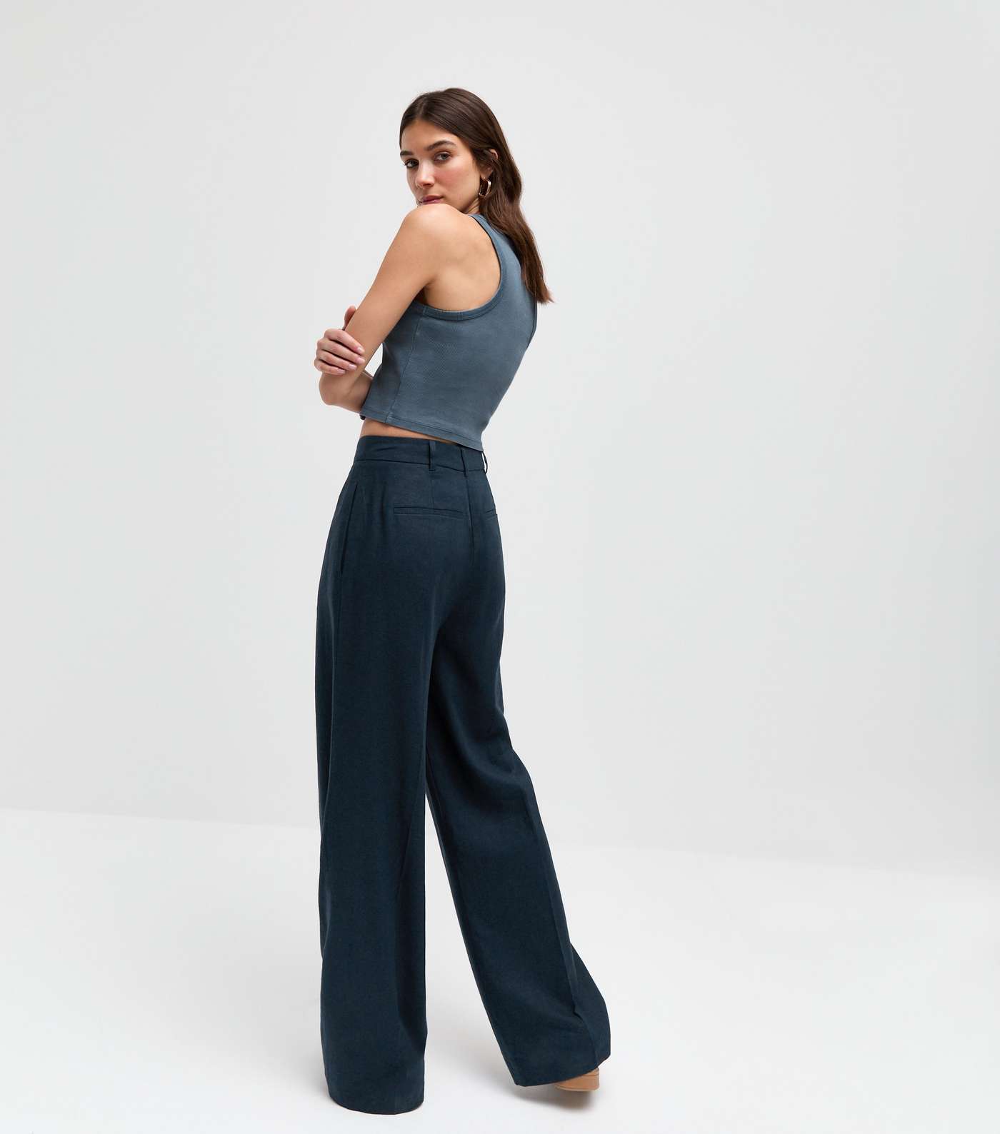 Navy Linen-Blend Wide Leg Tailored Trousers Image 5