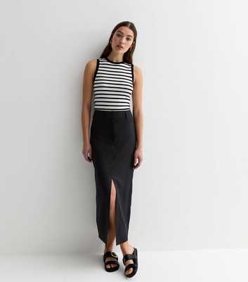 Black Linen Blend High Waist Split Front Midi Skirt