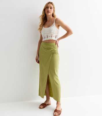 Light Green Linen-Look Wrap Midi Skirt