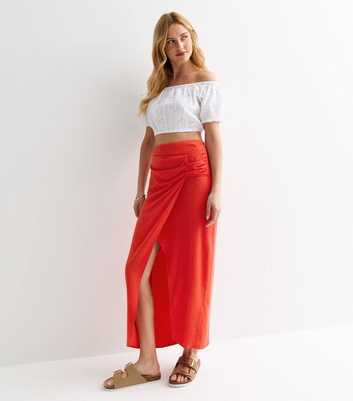 Red Linen-Look Wrap Midi Skirt