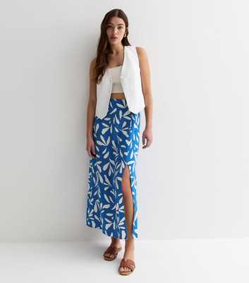 Blue Leaf Print Split Hem Midi Skirt