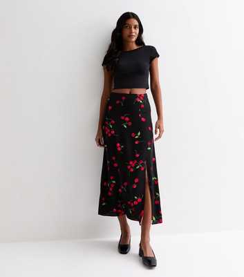 Black Cherry Print Split Hem Midi Skirt