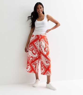 Red Scarf Print Wide Leg Crop Trousers