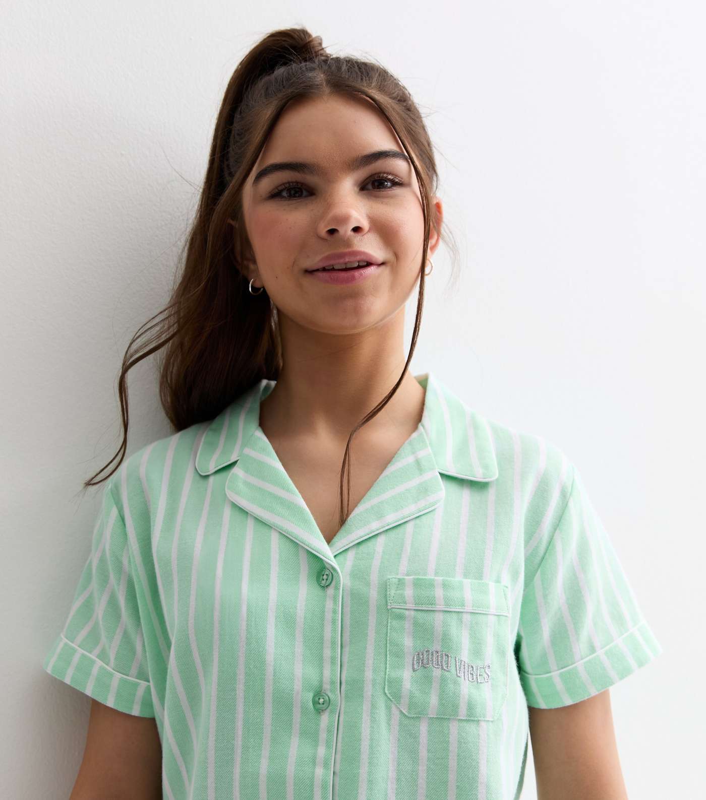 Girls Green Revere Short Pyjama Set with Stripe Print Image 2