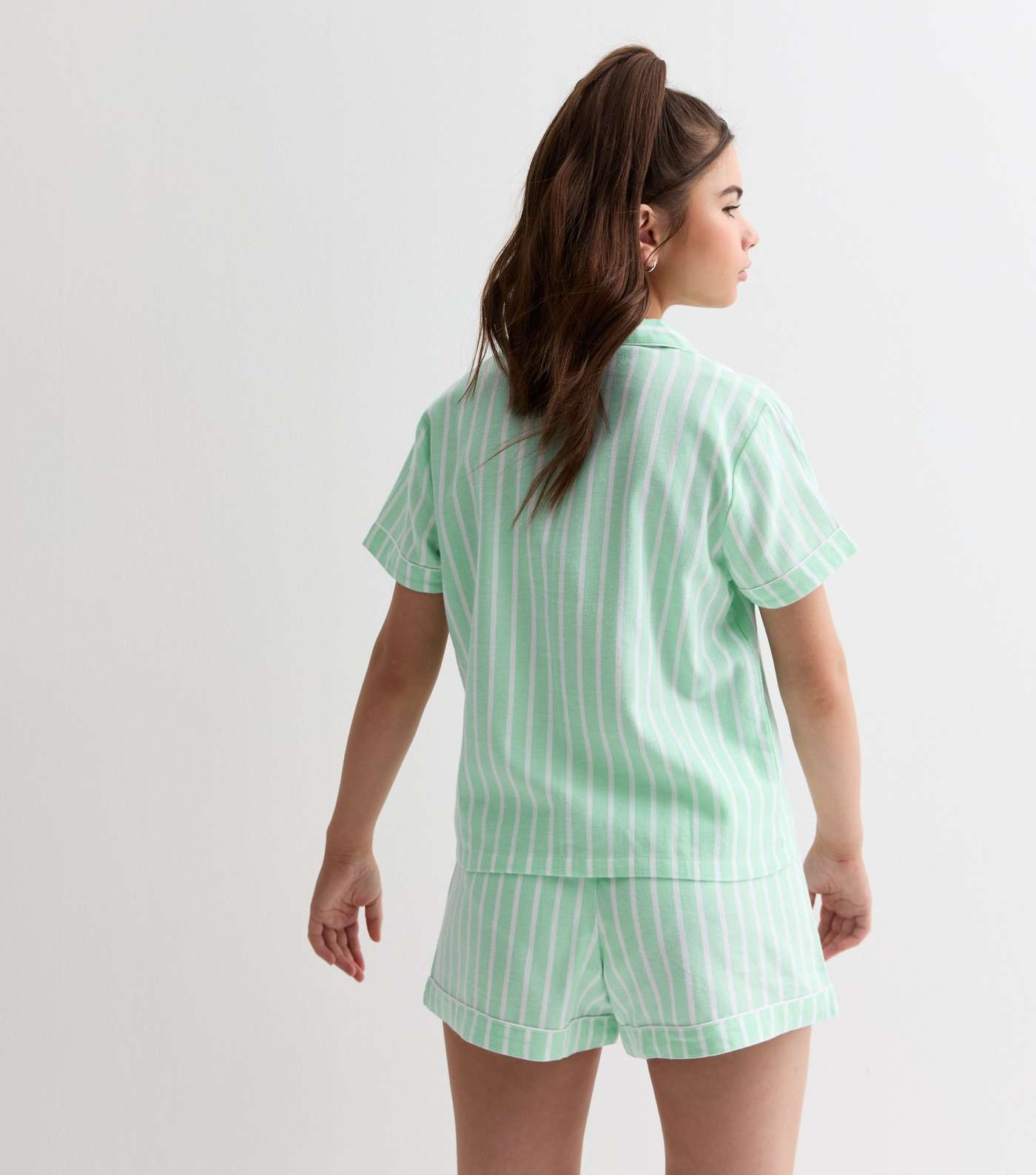 Girls Green Revere Short Pyjama Set with Stripe Print Image 4
