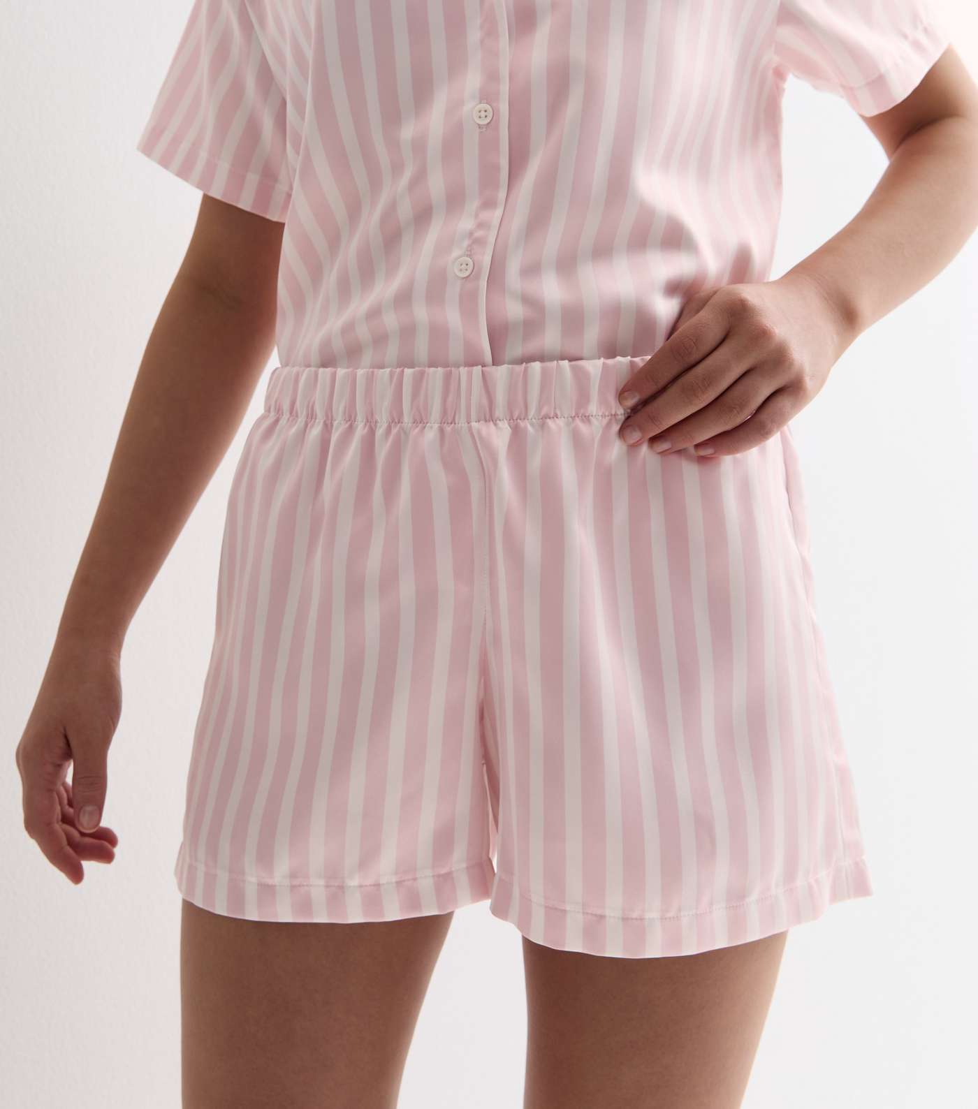 Girls Pink Satin Short Pyjama Set with Stripe Print Image 2