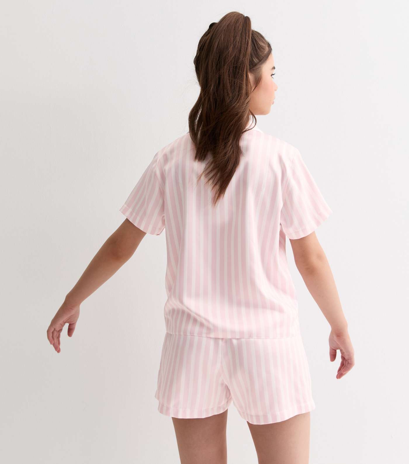 Girls Pink Satin Short Pyjama Set with Stripe Print Image 4