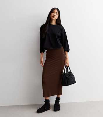Dark Brown Ribbed Jersey Midi Skirt