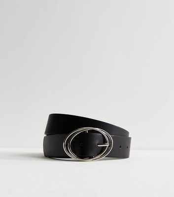 Black Leather-Look Oval Buckle Belt