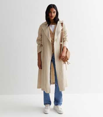 Stone Linen-Look Belted Trench Coat