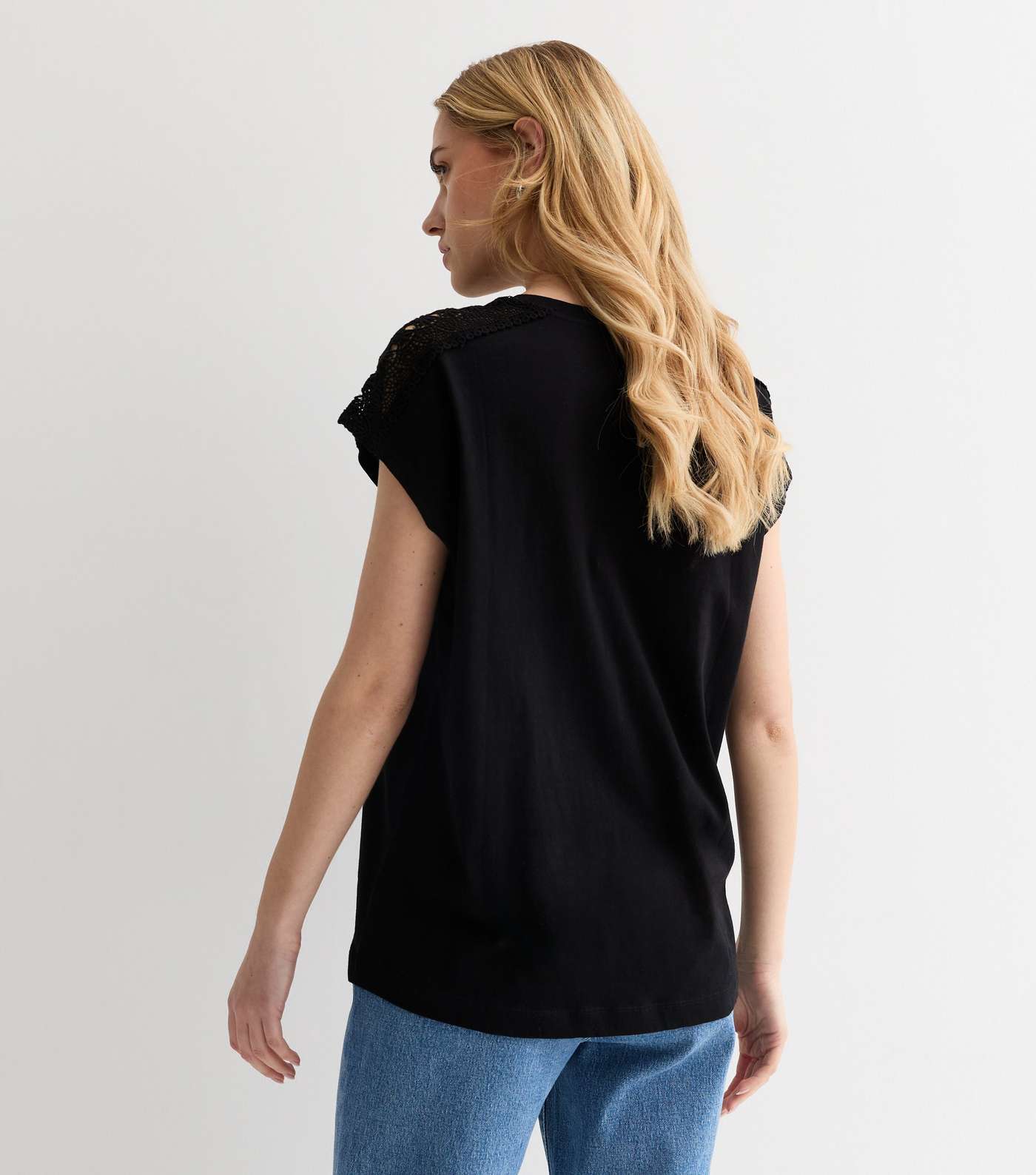 Black Crochet-Trim Cotton T-Shirt Image 4