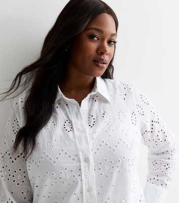 Curves White Cotton Embroidered Long Sleeve Shirt
