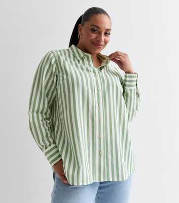 Curves Green Stripe Linen-Look Long Sleeve Shirt
