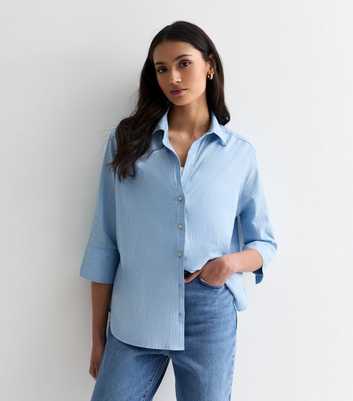 Tall Blue Cotton Linen 3/4 Sleeve Shirt