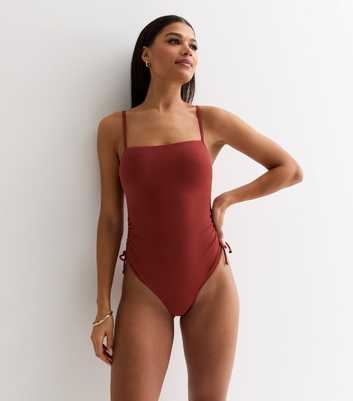 Rust Square Neck Ruched Swimsuit