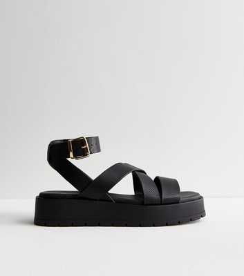 Black Leather-Look Cross Over Flatform Sandals