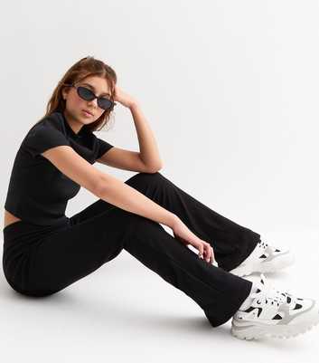 Girls Black Ribbed Flared Trousers