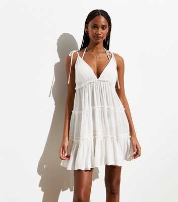 White Crinkle Tiered Mini Beach Dress