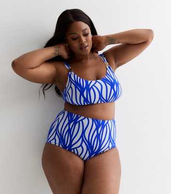 Curves Blue Line Print High Waist Bikini Bottoms
