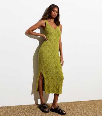 Green Stitch Knit V Neck Midi Dress
