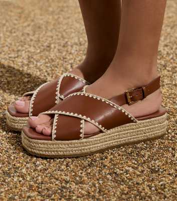 Tan Whipstitch Espadrille Flatform Sandals