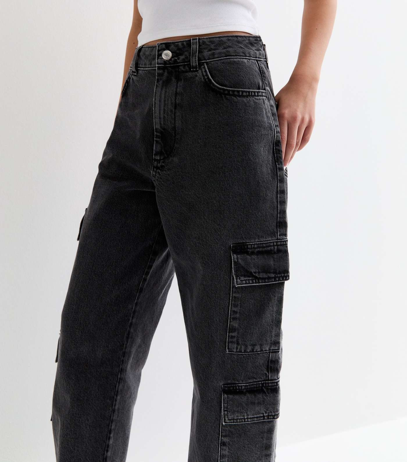 Girls Black High Waist Wide Leg Cargo Jeans Image 3
