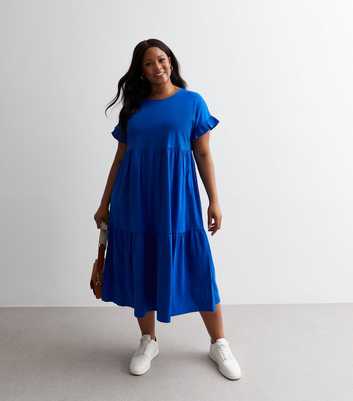 Curves Blue Cotton Tiered Midaxi Dress